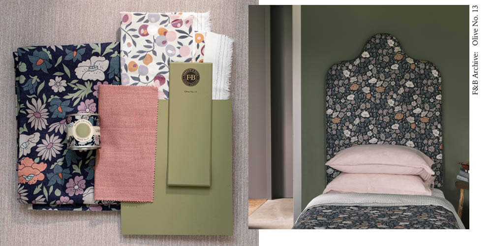 Farrow and Ball 13 Olive with Poppy Meadowfield fabric by Liberty Interiors