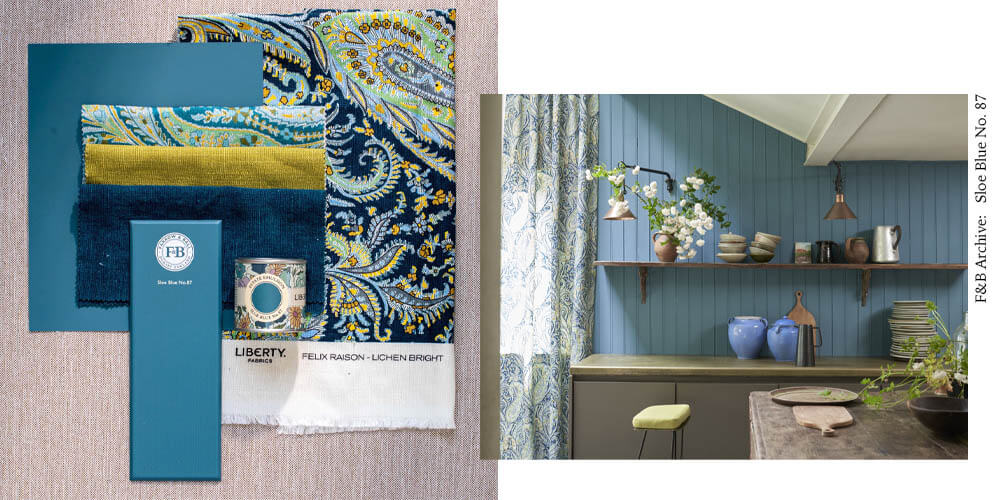 Farrow and Ball 87 Sloe Blue with Felix Raison fabric by Liberty Interiors