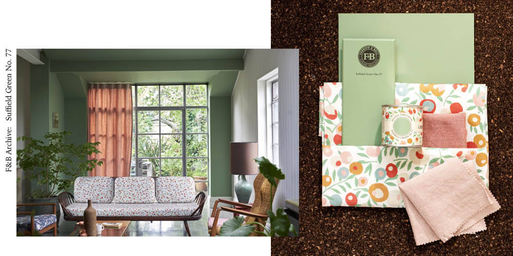 Farrow and Ball 77 Suffield Green with Wiltshire Blossom fabric by Liberty Interiors
