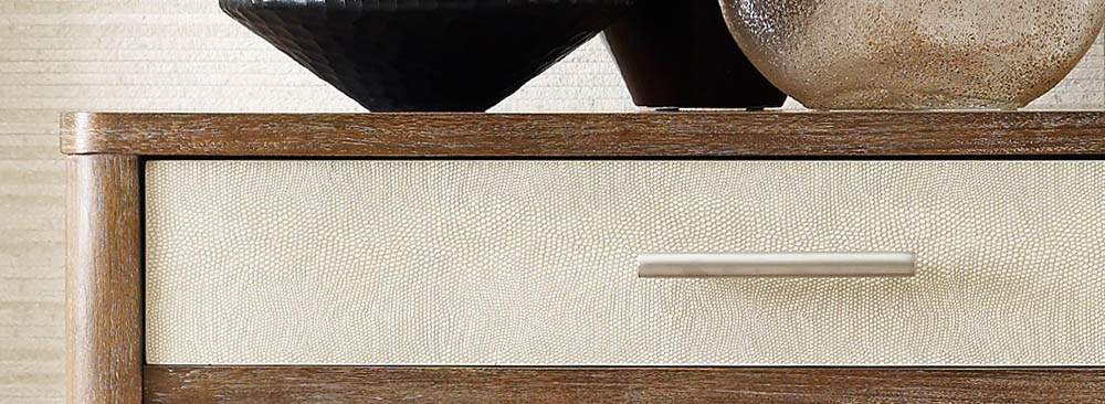 Close up detail of the TA Studio Laszlo Console Table with ivory shagreen leather drawers. 