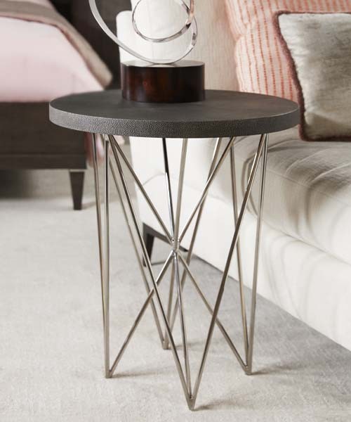TA Studio Alton Side Table with dark grey Tempest finish faux shagreen top and nickel finish legs.