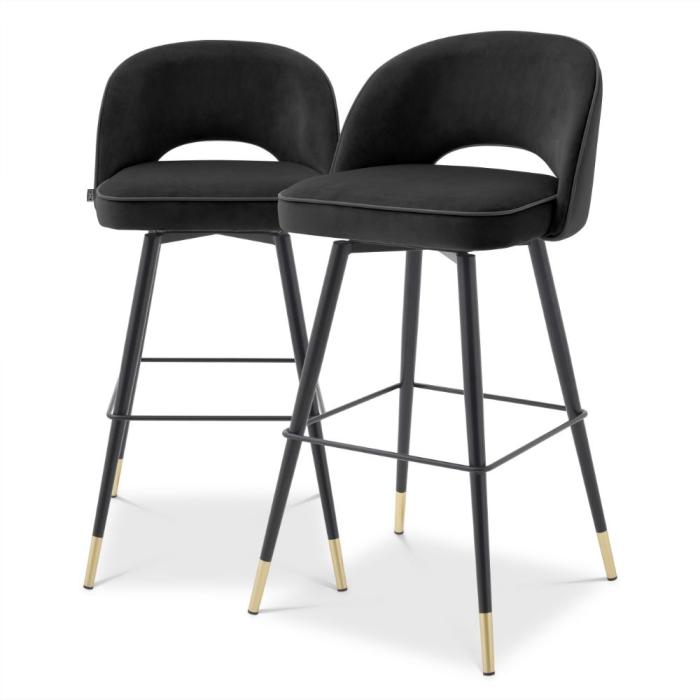 Eichholtz Cliff Bar Stool Swivel in Black Velvet Set of 2 1