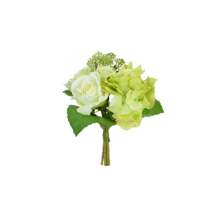 Rose/Hydrangea/Skimmia Bouquet Green/White H.23cm 1