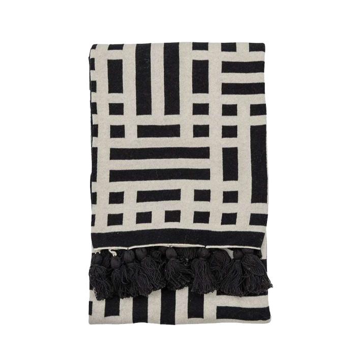 Knitted Tassel Throw Blanket Black 1