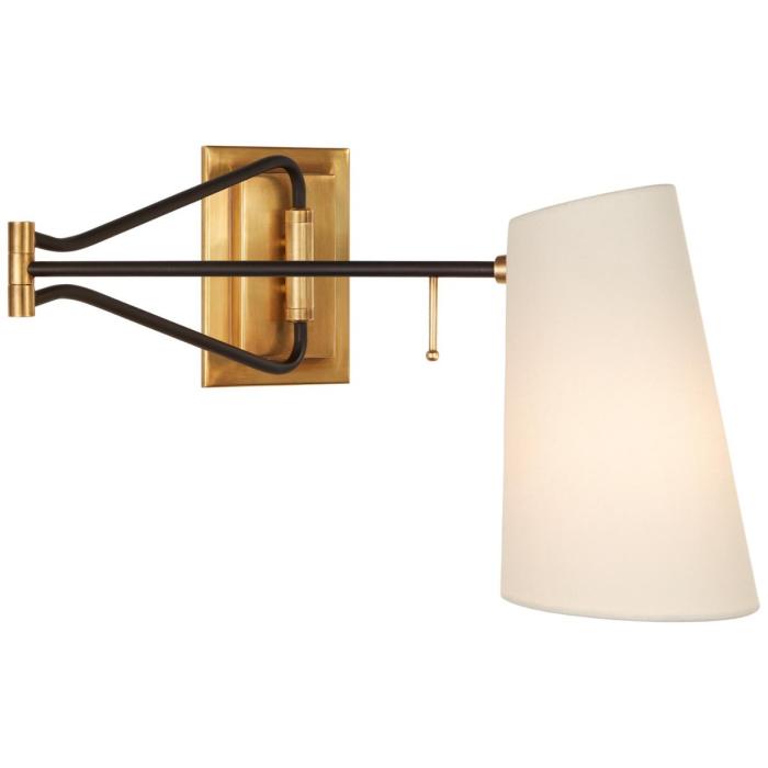 Visual Comfort Keil Swing Arm Wall Light in Hand-Rubbed Antique Brass and Black with Linen Shade 1
