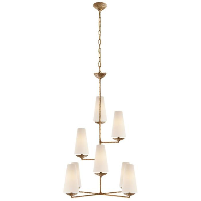 Visual Comfort Fontaine Vertical Chandelier in Gilded Plaster with Linen Shades 1