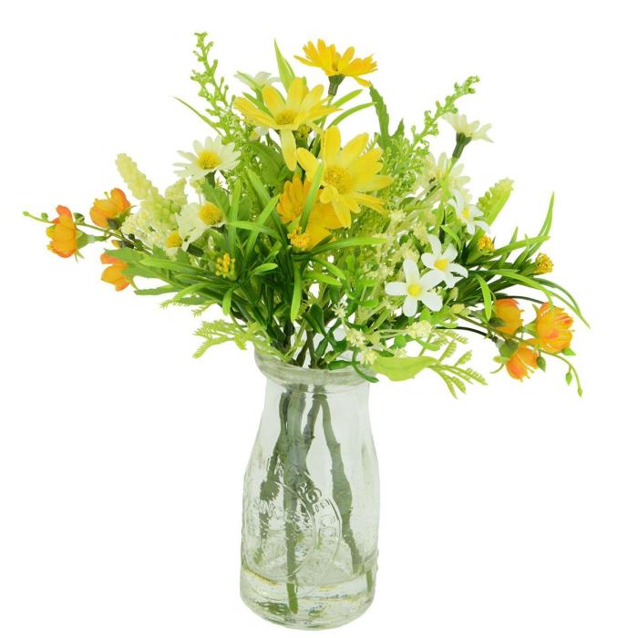 Pavilion Flowers Artificial Daisy And Blossom In Milk Bottle Yellow Height 24cm 1