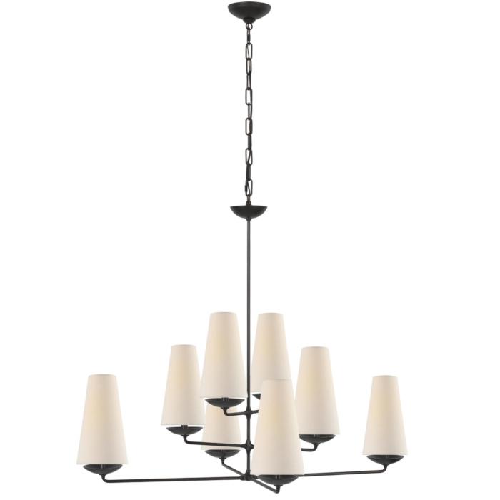Visual Comfort Fontaine Large Offset Chandelier in Aged Iron with Linen Shades 1