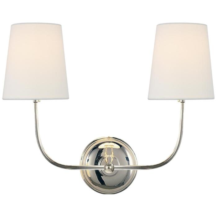 Visual Comfort Vendome Double Wall Light in Polished Nickel with Linen Shades 1