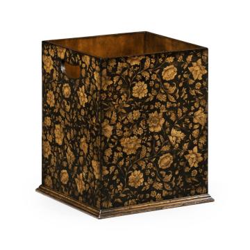 Square Black Chinoiserie Waste Basket