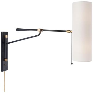 Frankfort Articulating Wall Light in Black and Hand-Rubbed Antique Brass Accents with Linen Shade