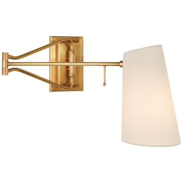 Keil Swing Arm Wall Light in Hand-Rubbed Antique Brass with Linen Shade