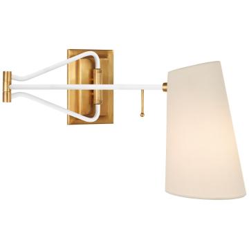 Keil Swing Arm Wall Light in Hand-Rubbed Antique Brass and White with Linen Shade
