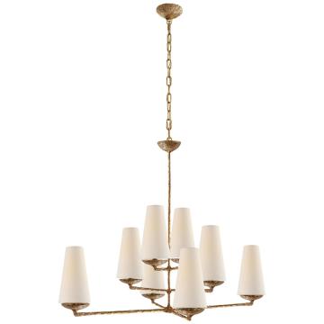 Fontaine Large Offset Chandelier in Gilded Plaster with Linen Shades