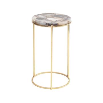 *NS*Side Table Round Agate Stone Top with Brass Frame 