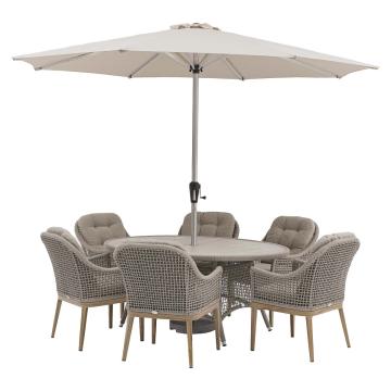Oslo 175 x 120cm Outdoor Elliptical Table with 6 Armchairs Parasol & Base - Truffle