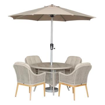 Oslo 120cm Round Table with 4 Armchairs Parasol & Base - Truffle