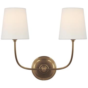 Vendome Double Wall Light in Hand-Rubbed Antique Brass with Linen Shades