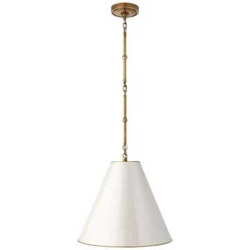 Goodman Small Hanging Light in Hand-Rubbed Antique Brass with Antique White Shade
