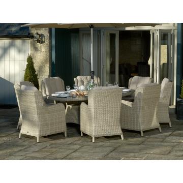 Bramblecrest Chedworth Sandstone Rattan 8 Seat Elliptical Dining Set with lazy Susan, Parasol & Base
