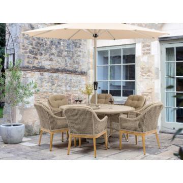 Oslo 175 x 120cm Elliptical Table with 6 Armchairs Parasol & Base - Truffle