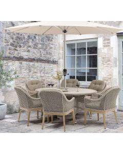 Oslo 175 x 120cm Outdoor Elliptical Table with 6 Armchairs Parasol & Base - Truffle